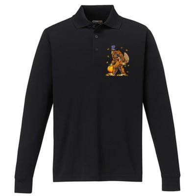 Funny Bigfoot Pilgrim Turkey Pumpkin Thanksgiving Day Performance Long Sleeve Polo