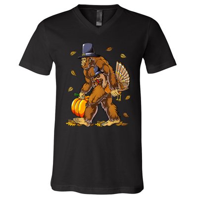 Funny Bigfoot Pilgrim Turkey Pumpkin Thanksgiving Day V-Neck T-Shirt