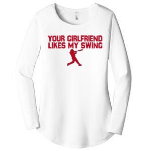 Funny Baseball Quote Your Girlfriend Likes My Swing Women's Perfect Tri Tunic Long Sleeve Shirt