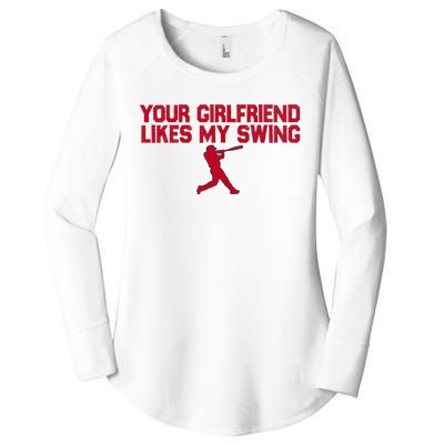 Funny Baseball Quote Your Girlfriend Likes My Swing Women's Perfect Tri Tunic Long Sleeve Shirt