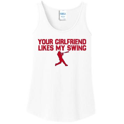 Funny Baseball Quote Your Girlfriend Likes My Swing Ladies Essential Tank