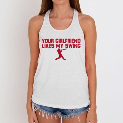 Funny Baseball Quote Your Girlfriend Likes My Swing Women's Knotted Racerback Tank