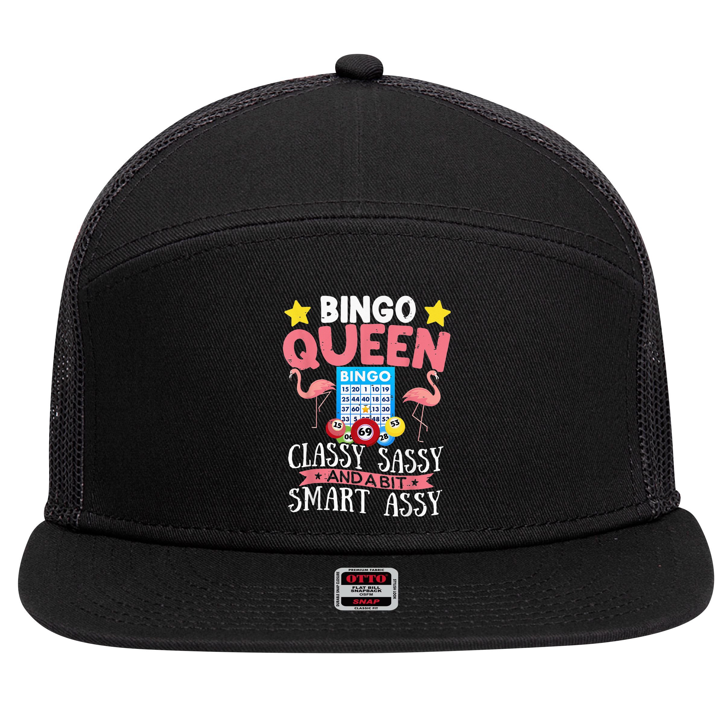 Funny Bingo Queen Bingo Flamingo Mothers Day 7 Panel Mesh Trucker Snapback Hat