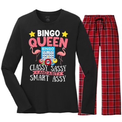 Funny Bingo Queen Bingo Flamingo Mothers Day Women's Long Sleeve Flannel Pajama Set 