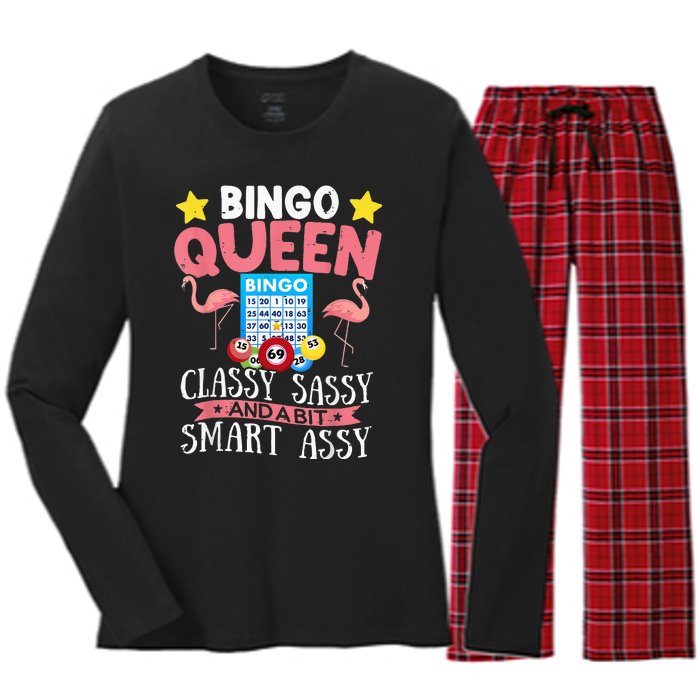 Funny Bingo Queen Bingo Flamingo Mothers Day Women's Long Sleeve Flannel Pajama Set 