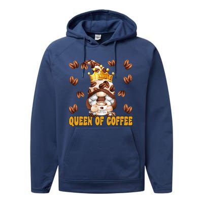 Funny Barista Queen Of Coffee Gnome And Coffee Mom Gift Performance Fleece Hoodie