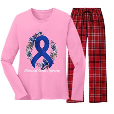 Floral Blue Ribbon Flower Colon Cancer Awareness Meaningful Gift Women's Long Sleeve Flannel Pajama Set 