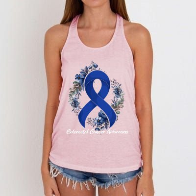 Floral Blue Ribbon Flower Colon Cancer Awareness Meaningful Gift Women's Knotted Racerback Tank