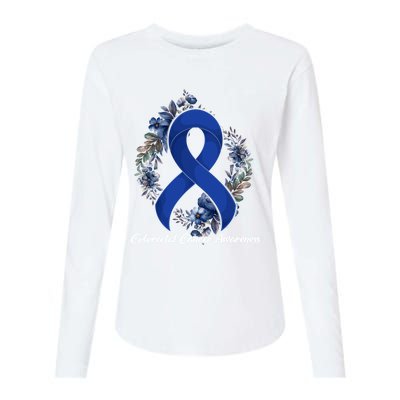 Floral Blue Ribbon Flower Colon Cancer Awareness Meaningful Gift Womens Cotton Relaxed Long Sleeve T-Shirt