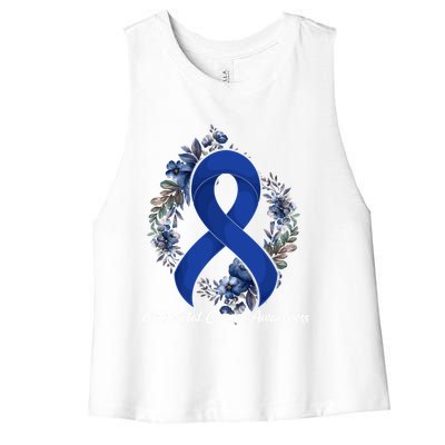 Floral Blue Ribbon Flower Colon Cancer Awareness Meaningful Gift Women's Racerback Cropped Tank