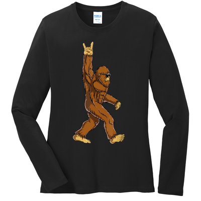 Funny Bigfoot Rock On Sasquatch Rock And Roll Gift Ladies Long Sleeve Shirt