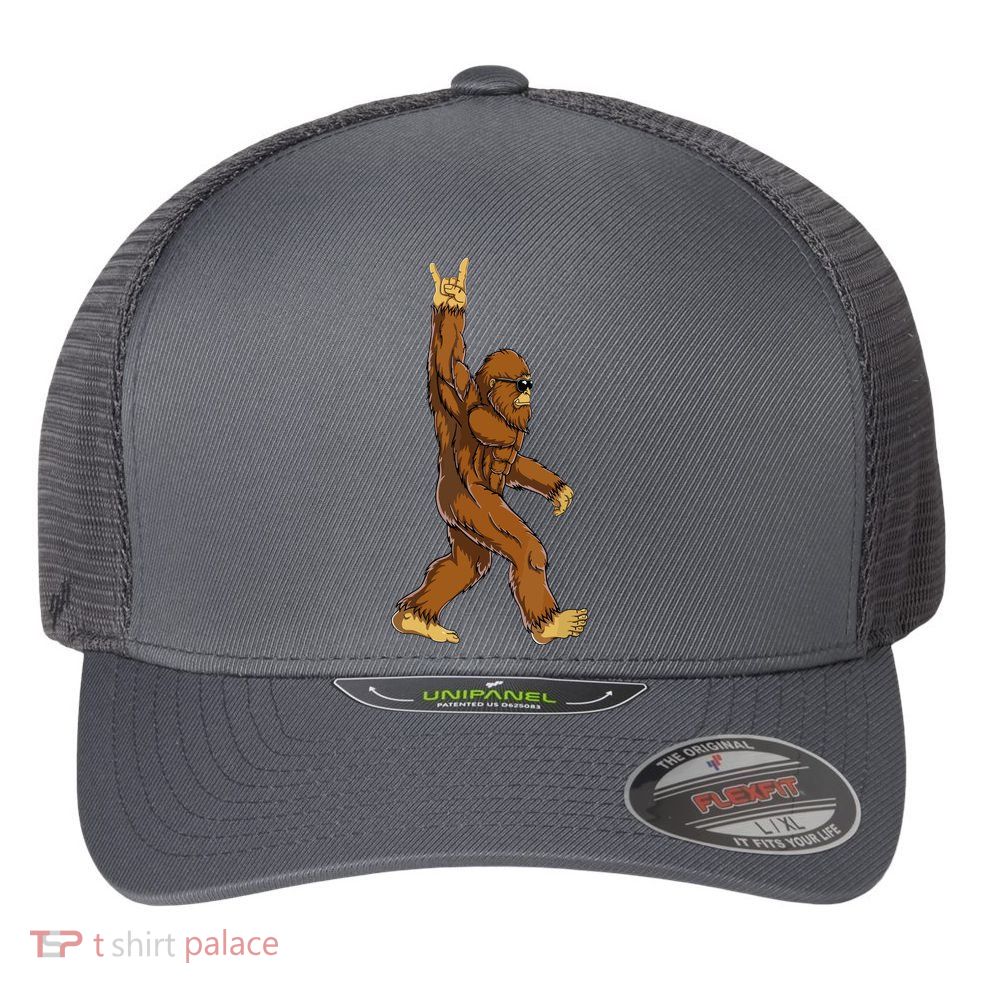 Funny Bigfoot Rock On Sasquatch Rock And Roll Gift Flexfit Unipanel Trucker Cap