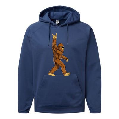 Funny Bigfoot Rock On Sasquatch Rock And Roll Gift Performance Fleece Hoodie