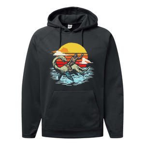 Fun Bigfoot Riding Nessie Funny Legends & Retro 80s Sunset Performance Fleece Hoodie