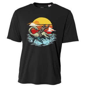 Fun Bigfoot Riding Nessie Funny Legends & Retro 80s Sunset Cooling Performance Crew T-Shirt