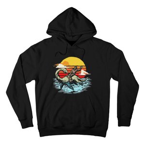 Fun Bigfoot Riding Nessie Funny Legends & Retro 80s Sunset Hoodie