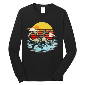 Fun Bigfoot Riding Nessie Funny Legends & Retro 80s Sunset Long Sleeve Shirt