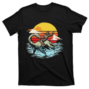 Fun Bigfoot Riding Nessie Funny Legends & Retro 80s Sunset T-Shirt