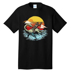 Fun Bigfoot Riding Nessie Funny Legends & Retro 80s Sunset Tall T-Shirt