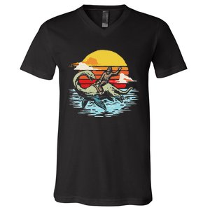 Fun Bigfoot Riding Nessie Funny Legends & Retro 80s Sunset V-Neck T-Shirt