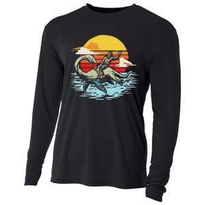 Fun Bigfoot Riding Nessie Funny Legends & Retro 80s Sunset Cooling Performance Long Sleeve Crew