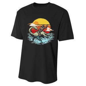 Fun Bigfoot Riding Nessie Funny Legends & Retro 80s Sunset Performance Sprint T-Shirt