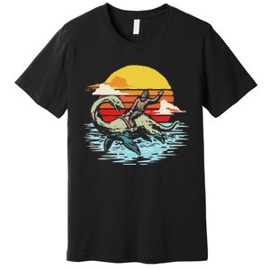 Fun Bigfoot Riding Nessie Funny Legends & Retro 80s Sunset Premium T-Shirt