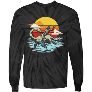 Fun Bigfoot Riding Nessie Funny Legends & Retro 80s Sunset Tie-Dye Long Sleeve Shirt