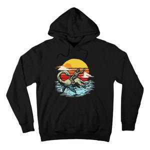 Fun Bigfoot Riding Nessie Funny Legends & Retro 80s Sunset Tall Hoodie