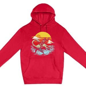 Fun Bigfoot Riding Nessie Funny Legends & Retro 80s Sunset Premium Pullover Hoodie