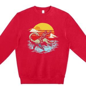 Fun Bigfoot Riding Nessie Funny Legends & Retro 80s Sunset Premium Crewneck Sweatshirt