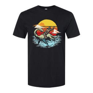 Fun Bigfoot Riding Nessie Funny Legends & Retro 80s Sunset Softstyle CVC T-Shirt