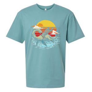 Fun Bigfoot Riding Nessie Funny Legends & Retro 80s Sunset Sueded Cloud Jersey T-Shirt