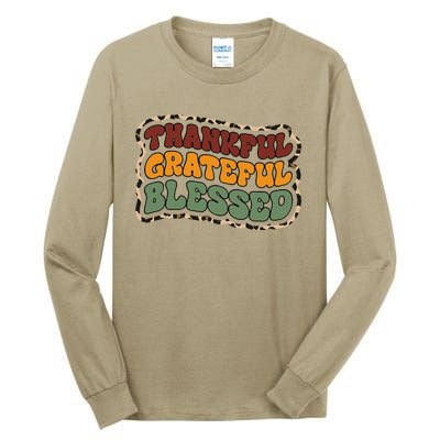 Fall Babe Retro Groovy Smile Face Autumn Leave Leopard Fall Tall Long Sleeve T-Shirt