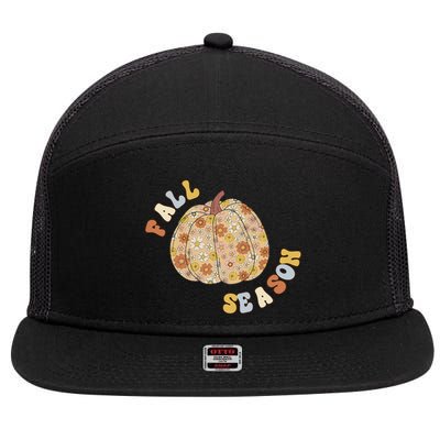 Fall Babe Retro Groovy Smile Face Autumn Leave Leopard Fall 7 Panel Mesh Trucker Snapback Hat