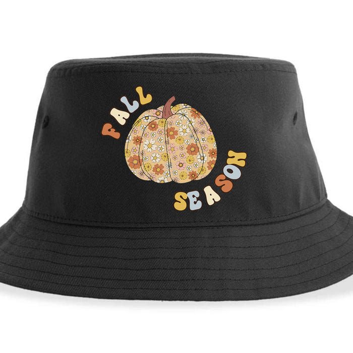 Fall Babe Retro Groovy Smile Face Autumn Leave Leopard Fall Sustainable Bucket Hat