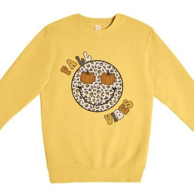 Fall Babe Retro Groovy Smile Face Autumn Leave Leopard Fall Premium Crewneck Sweatshirt