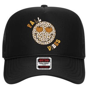 Fall Babe Retro Groovy Smile Face Autumn Leave Leopard Fall High Crown Mesh Back Trucker Hat