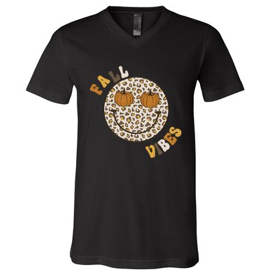 Fall Babe Retro Groovy Smile Face Autumn Leave Leopard Fall V-Neck T-Shirt