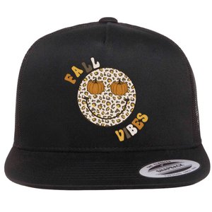 Fall Babe Retro Groovy Smile Face Autumn Leave Leopard Fall Flat Bill Trucker Hat