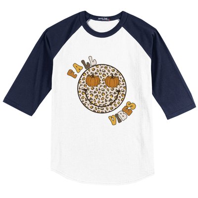 Fall Babe Retro Groovy Smile Face Autumn Leave Leopard Fall Baseball Sleeve Shirt