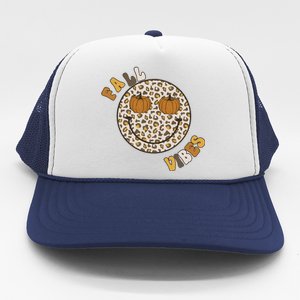 Fall Babe Retro Groovy Smile Face Autumn Leave Leopard Fall Trucker Hat