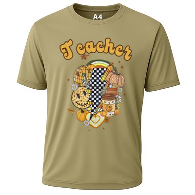 Fall Babe Retro Groovy Smile Face Autumn Leave Leopard Fall Cooling Performance Crew T-Shirt