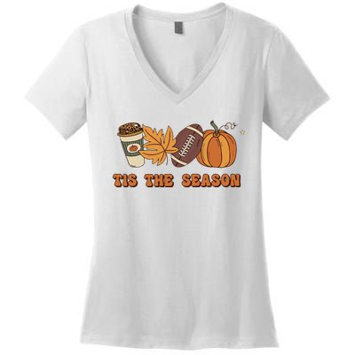 Fall Babe Retro Groovy Smile Face Autumn Leave Leopard Fall Women's V-Neck T-Shirt