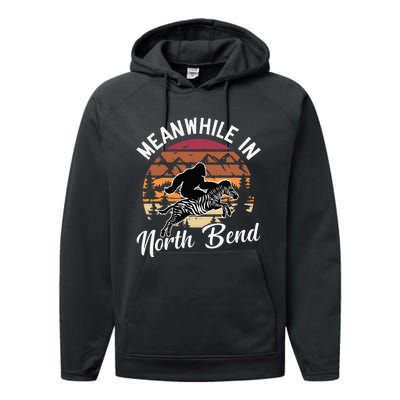 Funny Bigfoot Riding A Zebra Meanwhile In North Bend Performance Fleece Hoodie