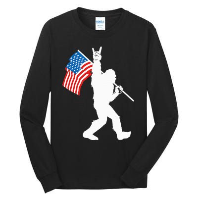 Funny Bigfoot Rock And Roll USA Flag For Sasquatch Believers Tall Long Sleeve T-Shirt