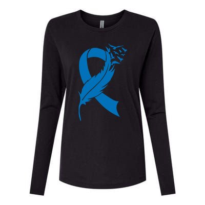 Feather Blue Ribbon Colon Cancer Womens Cotton Relaxed Long Sleeve T-Shirt