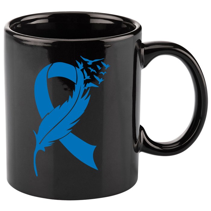 Feather Blue Ribbon Colon Cancer 11oz C Handle Ceramic Mug