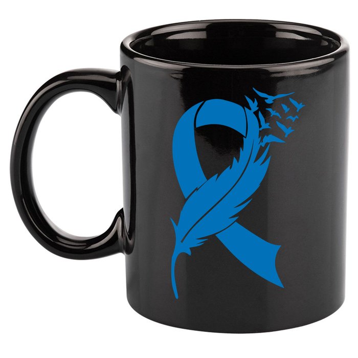 Feather Blue Ribbon Colon Cancer 11oz C Handle Ceramic Mug