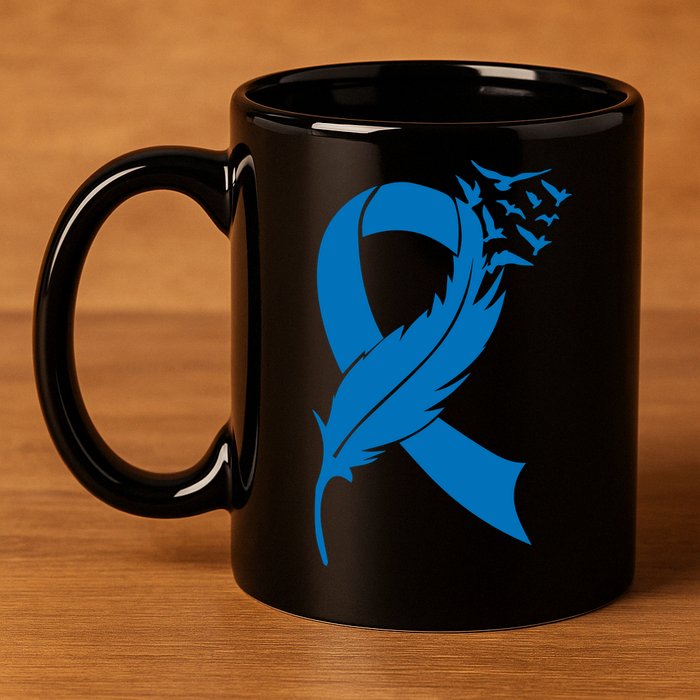 Feather Blue Ribbon Colon Cancer 11oz C Handle Ceramic Mug
